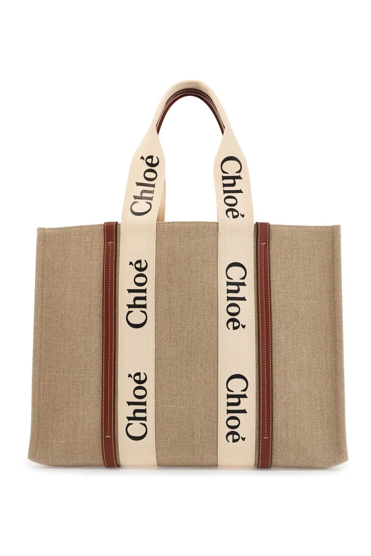 Beige Logoed Linen And Leather Woody Bag