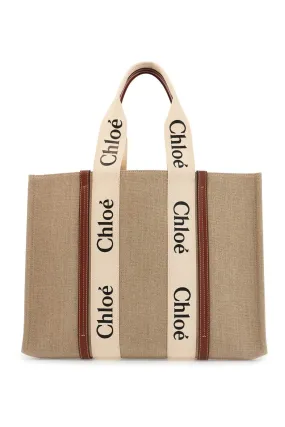 Beige Logoed Linen And Leather Woody Bag