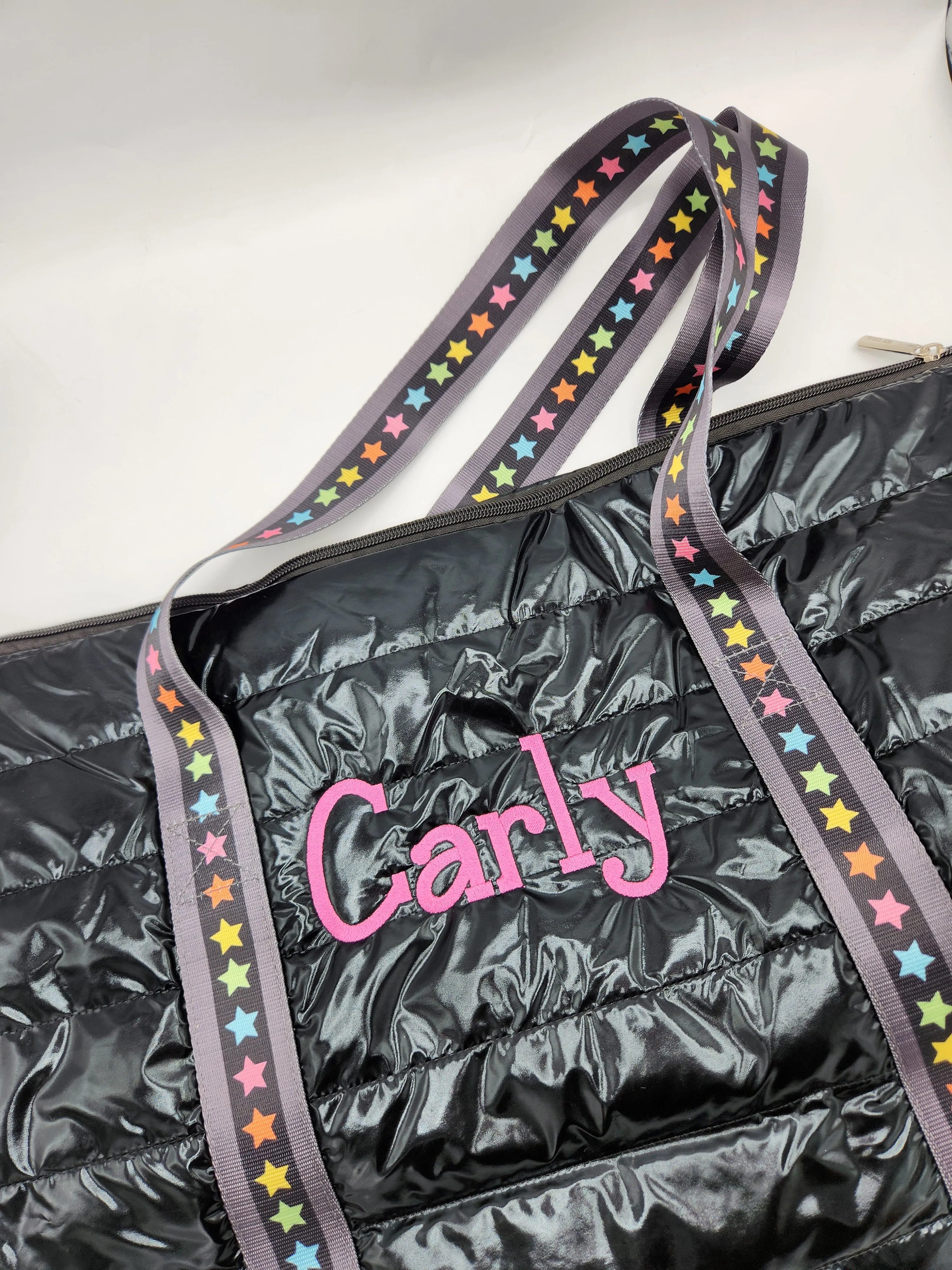 Black Puffer Weekender Tote w/ Multi Star Straps