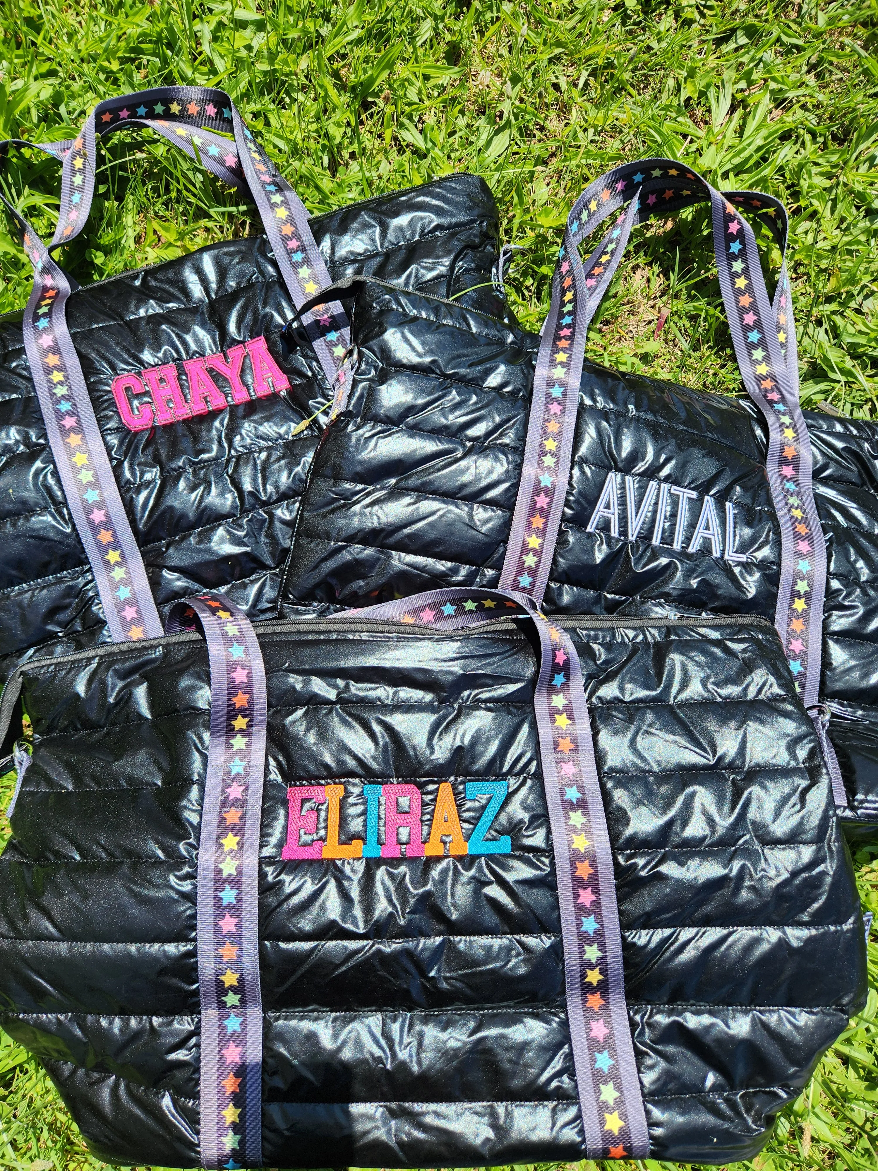 Black Puffer Weekender Tote w/ Multi Star Straps