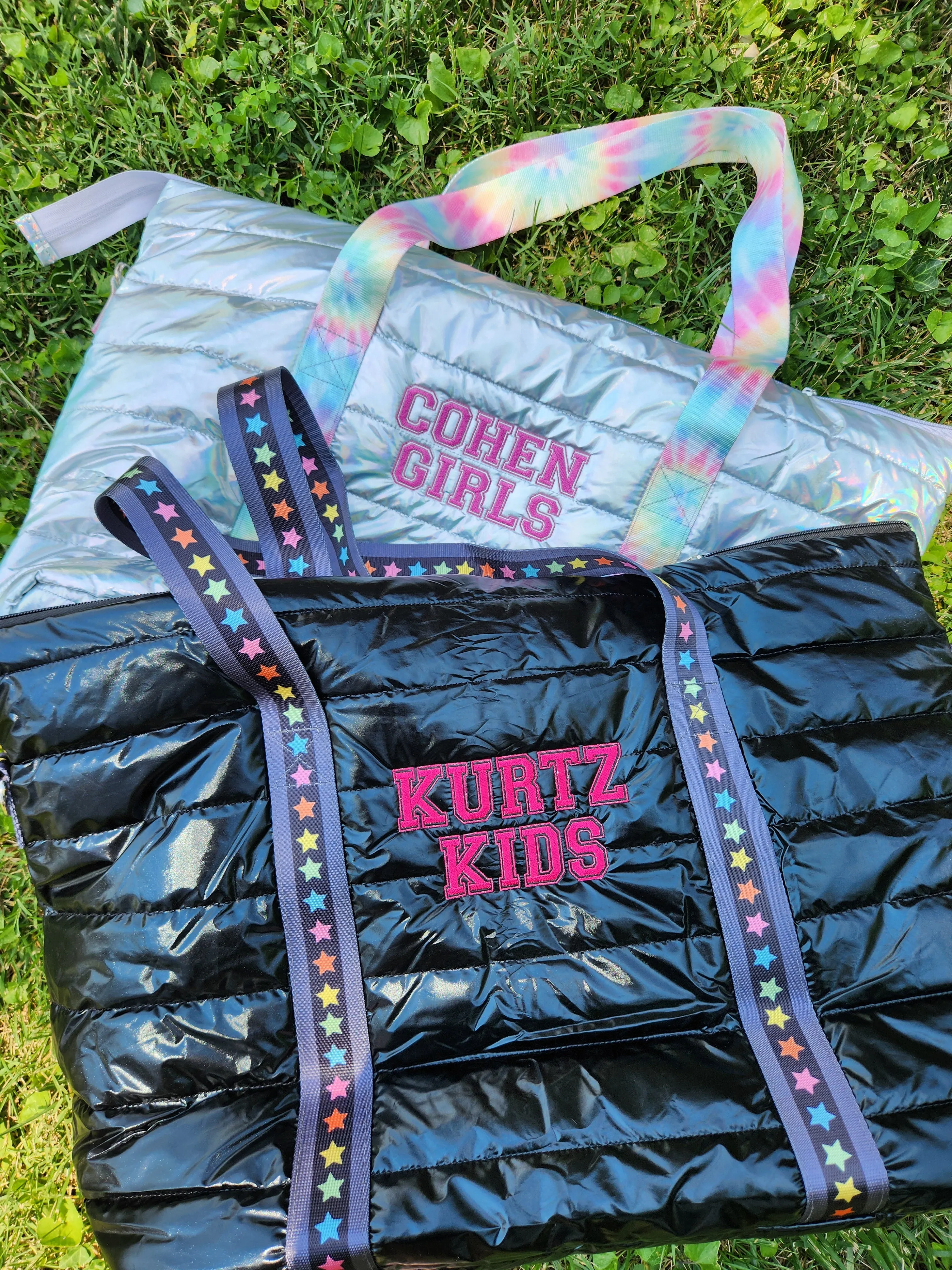 Black Puffer Weekender Tote w/ Multi Star Straps
