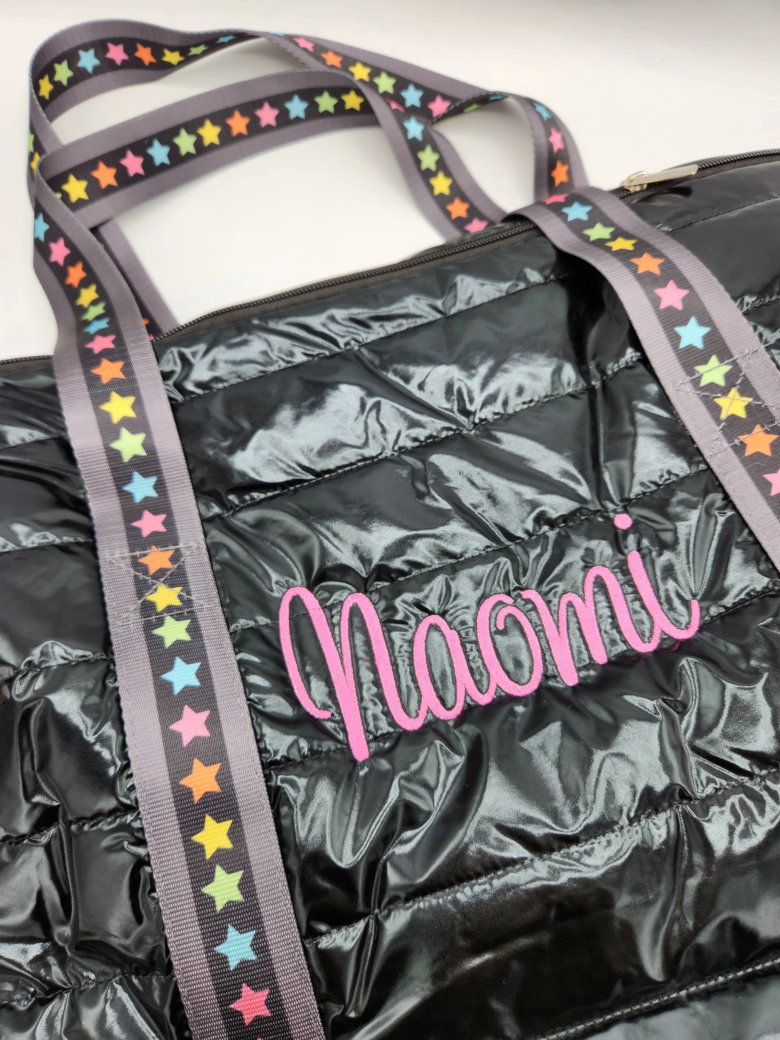 Black Puffer Weekender Tote w/ Multi Star Straps