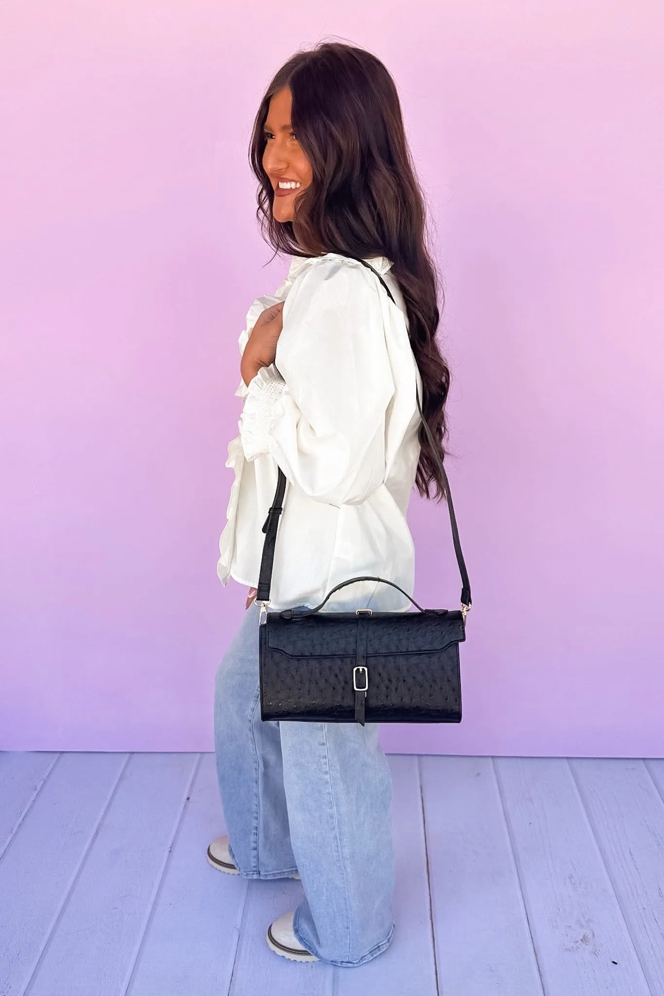 Black Textured Faux Leather Snap Button Clutch/Crossbody