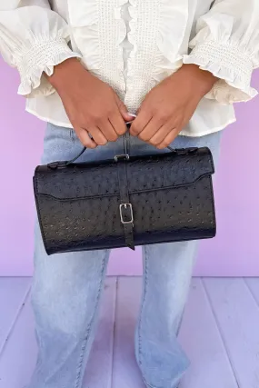 Black Textured Faux Leather Snap Button Clutch/Crossbody