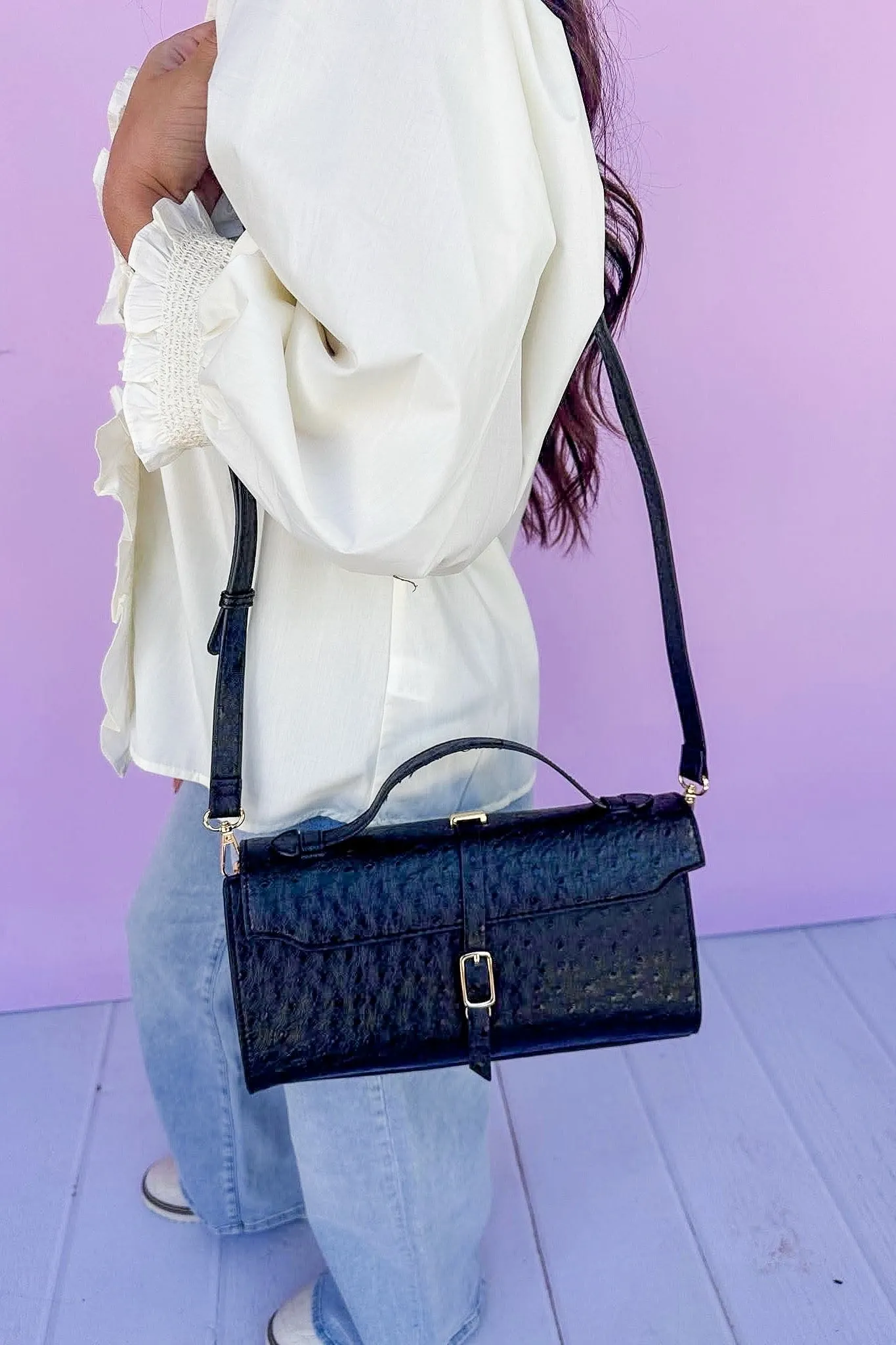 Black Textured Faux Leather Snap Button Clutch/Crossbody