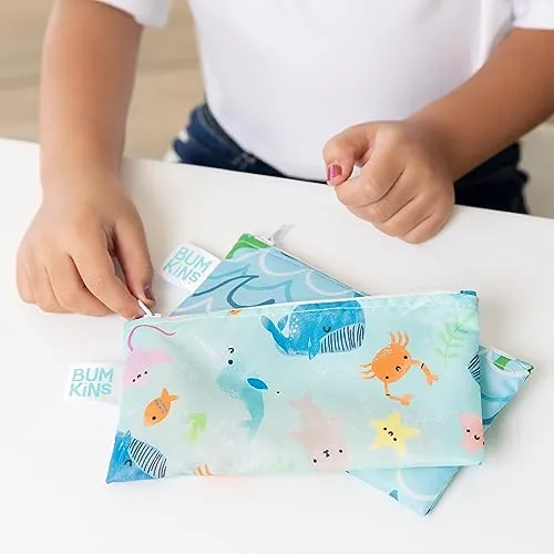 Bumkins Snack Bags, Reusable Fabric, Washable, Food Safe, BPA Free - Ocean Life (2-Pack)