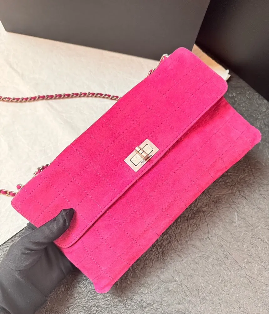 Chanel 2.55 Rose Red Chamois Bag Double Chain Leather 3ways
