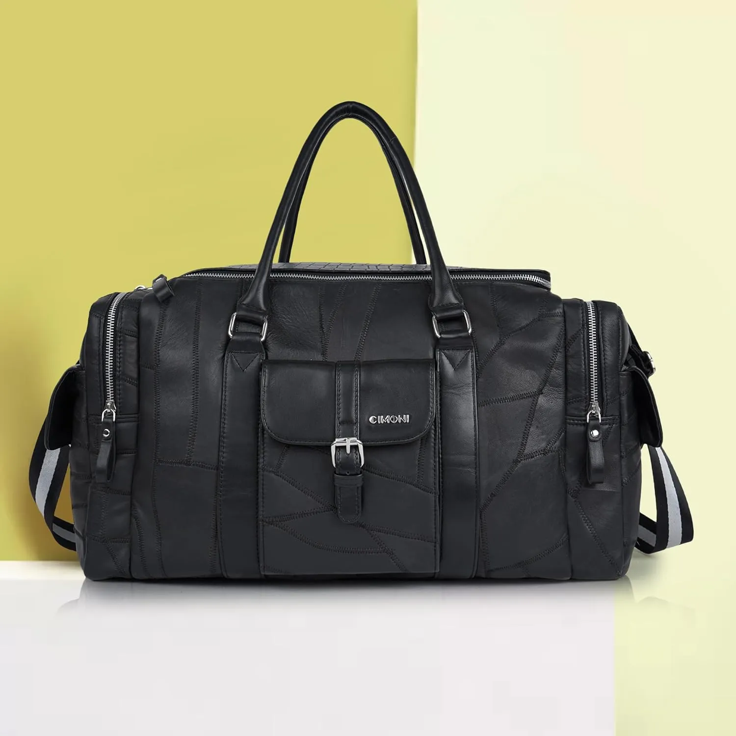 CIMONI® Premium Genuine Leather Duffle Bag Classy Design Travel Shoulder Crossbody Business Spacious Water Resistance Luggage Bag (Color - Black)