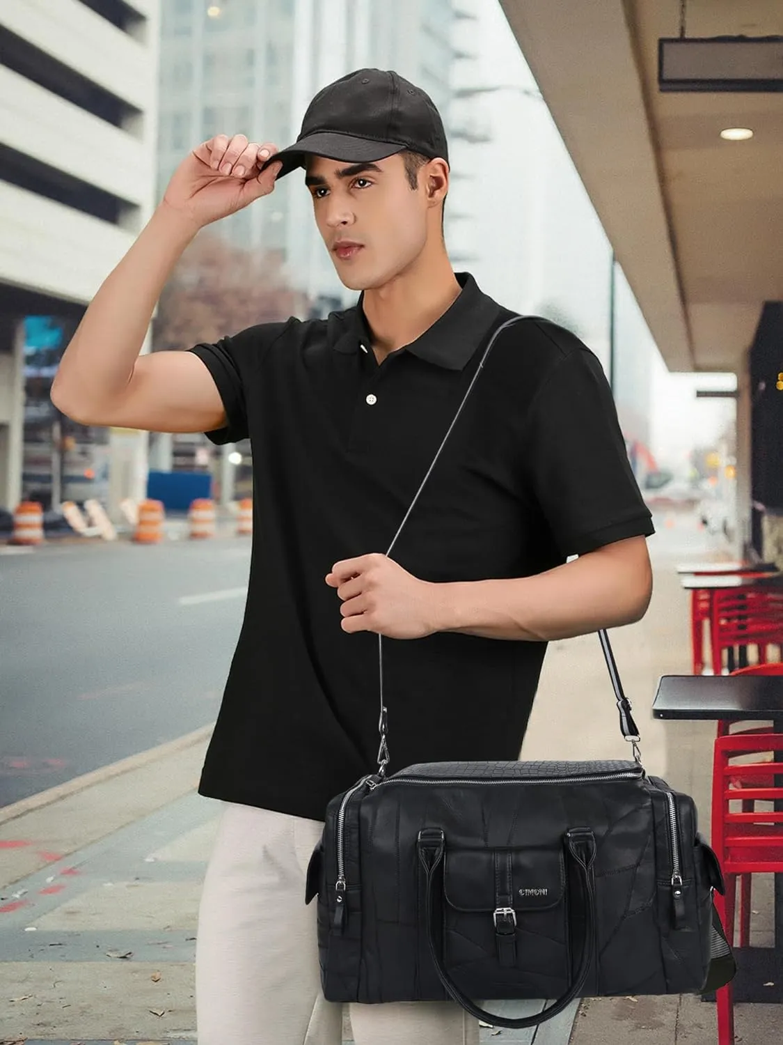 CIMONI® Premium Genuine Leather Duffle Bag Classy Design Travel Shoulder Crossbody Business Spacious Water Resistance Luggage Bag (Color - Black)