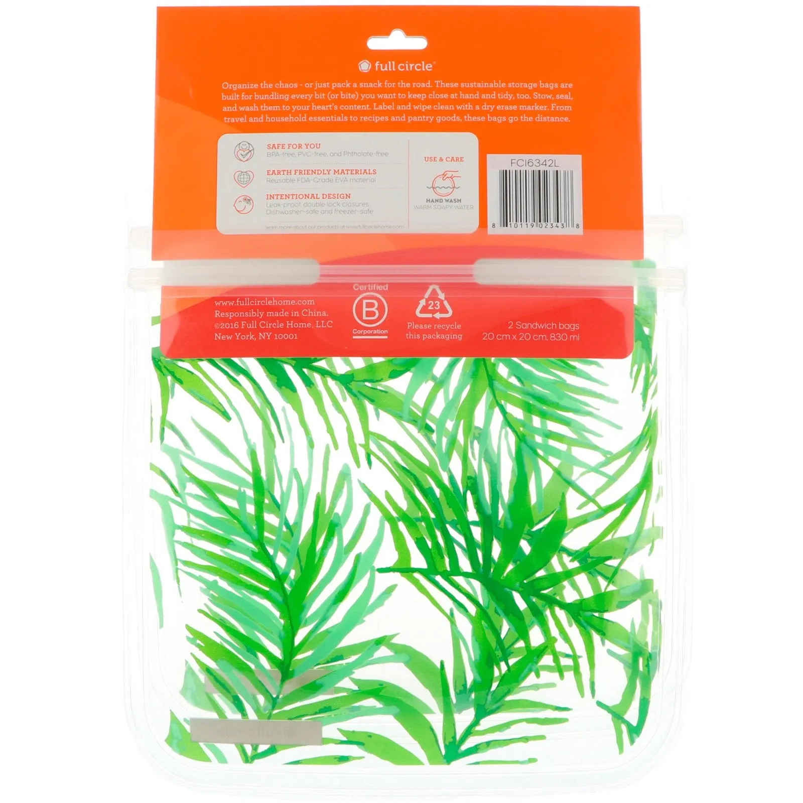 Full Circle, ZipTuck, Reusable Sandwich Bags, Palm Leaves, 2 Bags