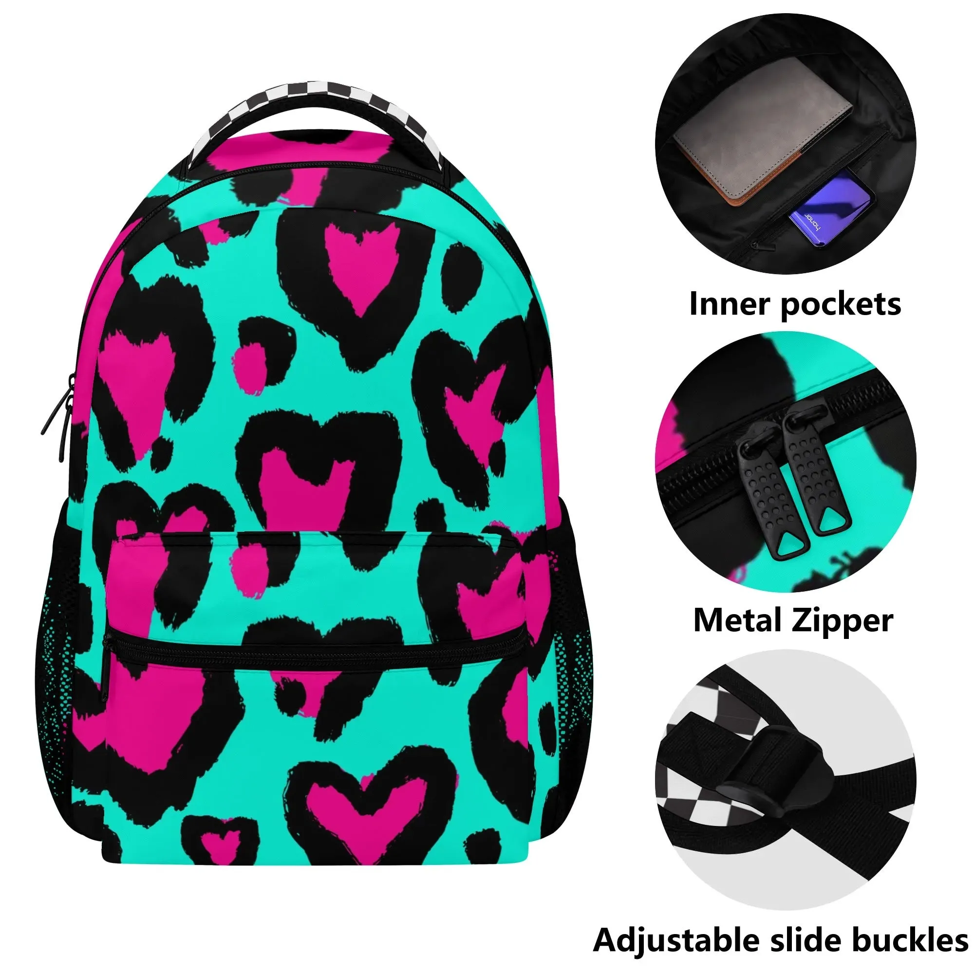 Kids Large 15" School Backpack, 80s Leopard Hearts