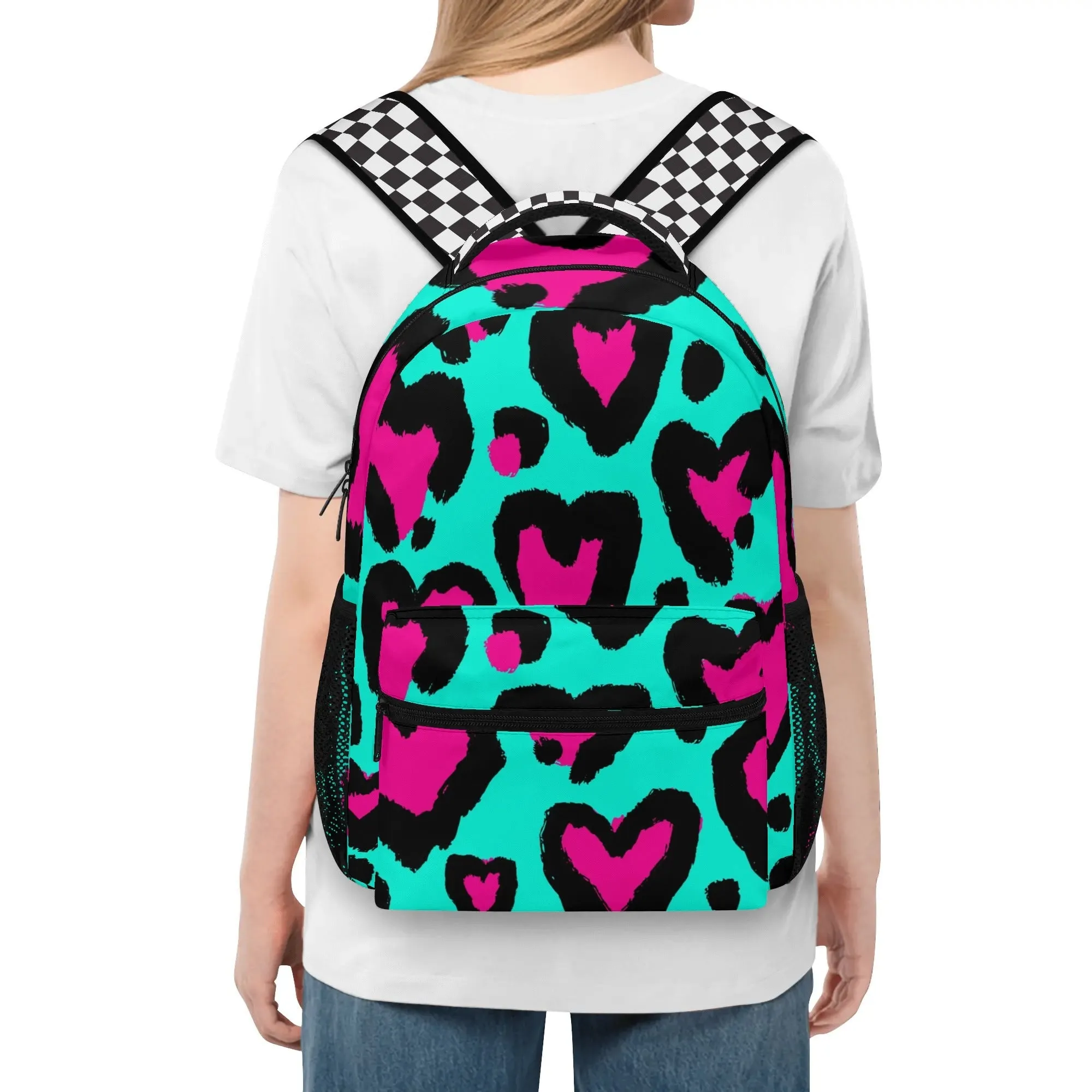 Kids Large 15" School Backpack, 80s Leopard Hearts