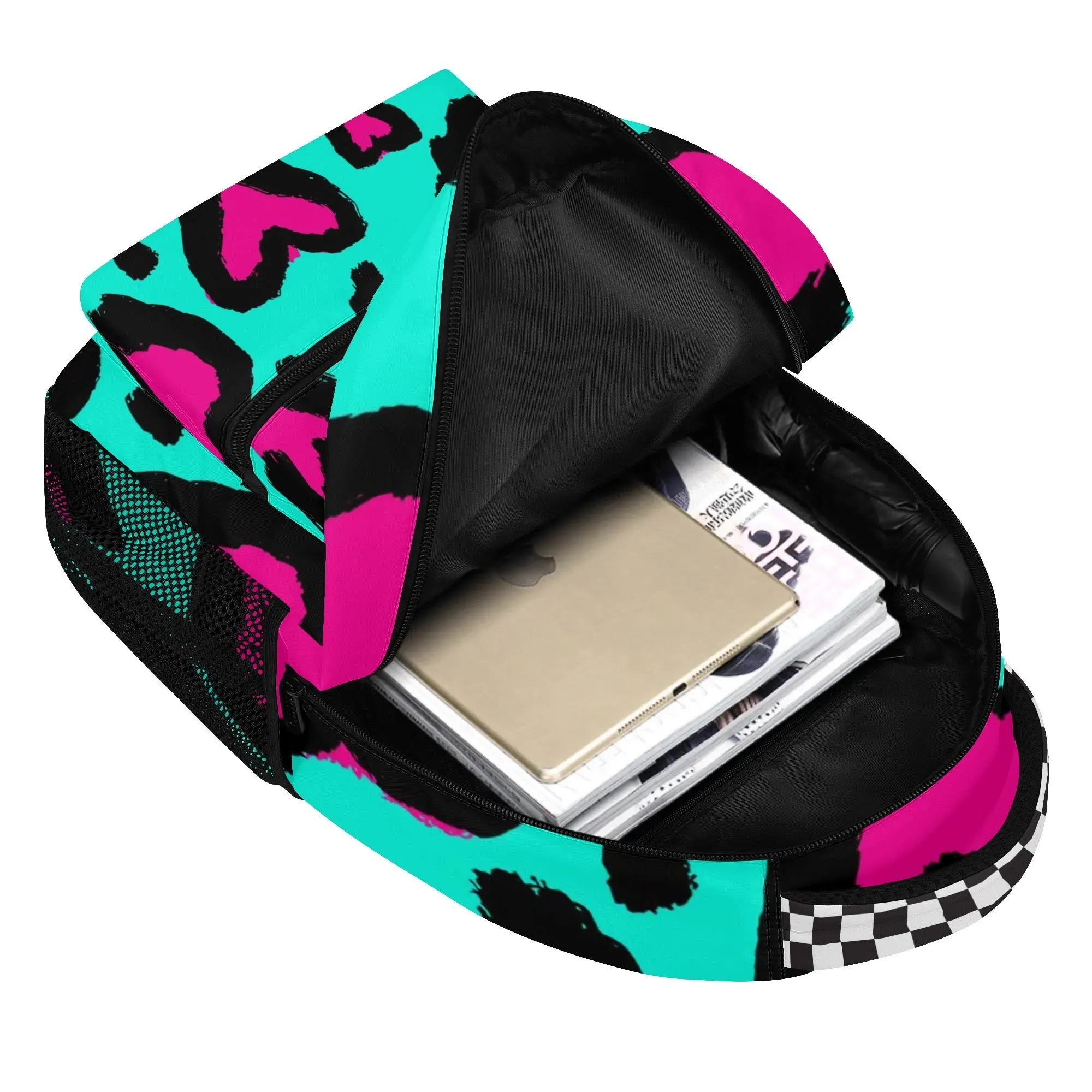 Kids Large 15" School Backpack, 80s Leopard Hearts