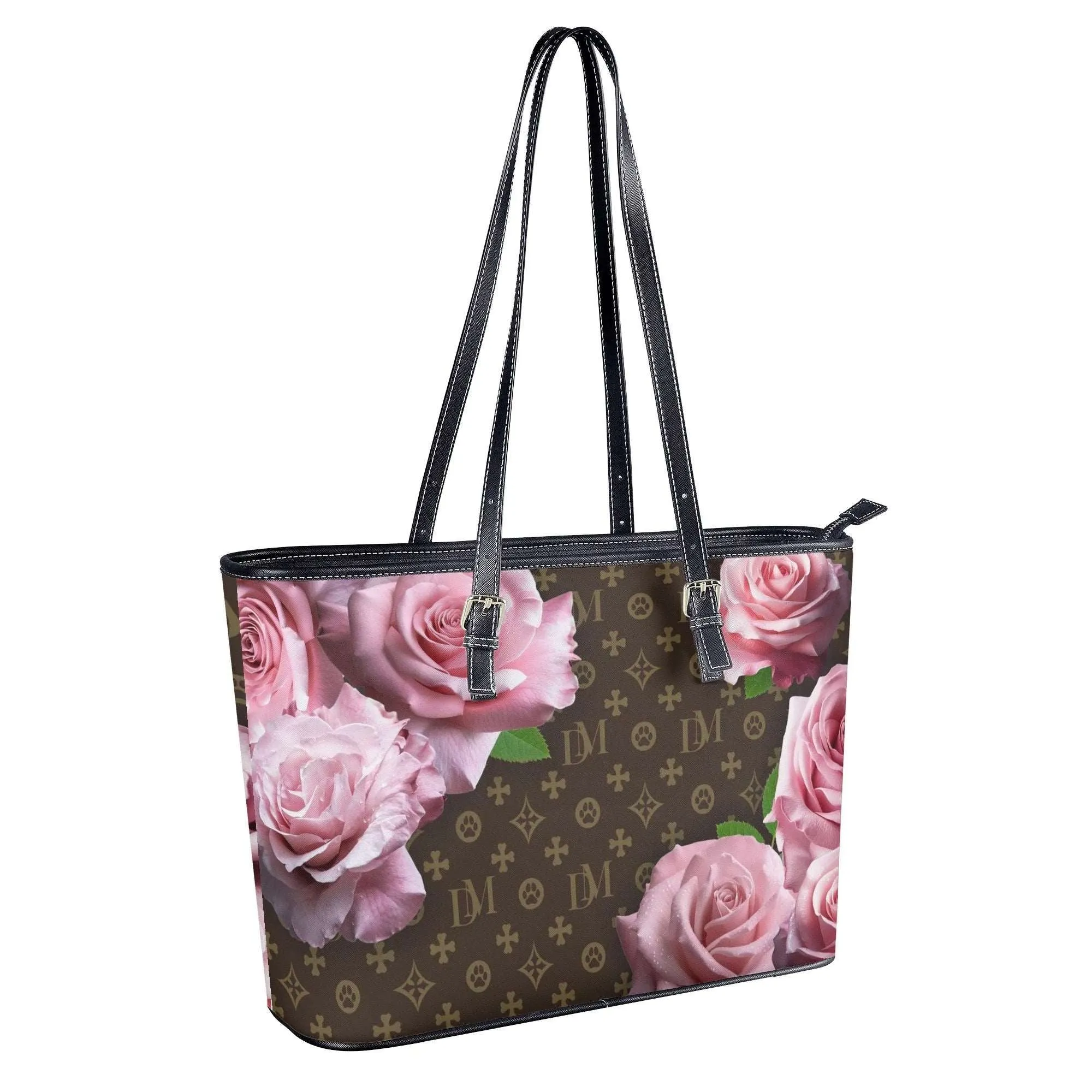 Signature Dog Mom "DM" Motif and Pink Rose Durable Floral Handbag
